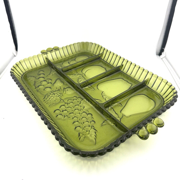 VTG Indiana Glass Green 5 Part EUC Divided Relish Fruit Design Tray 11"x9" - Picture 7 of 10